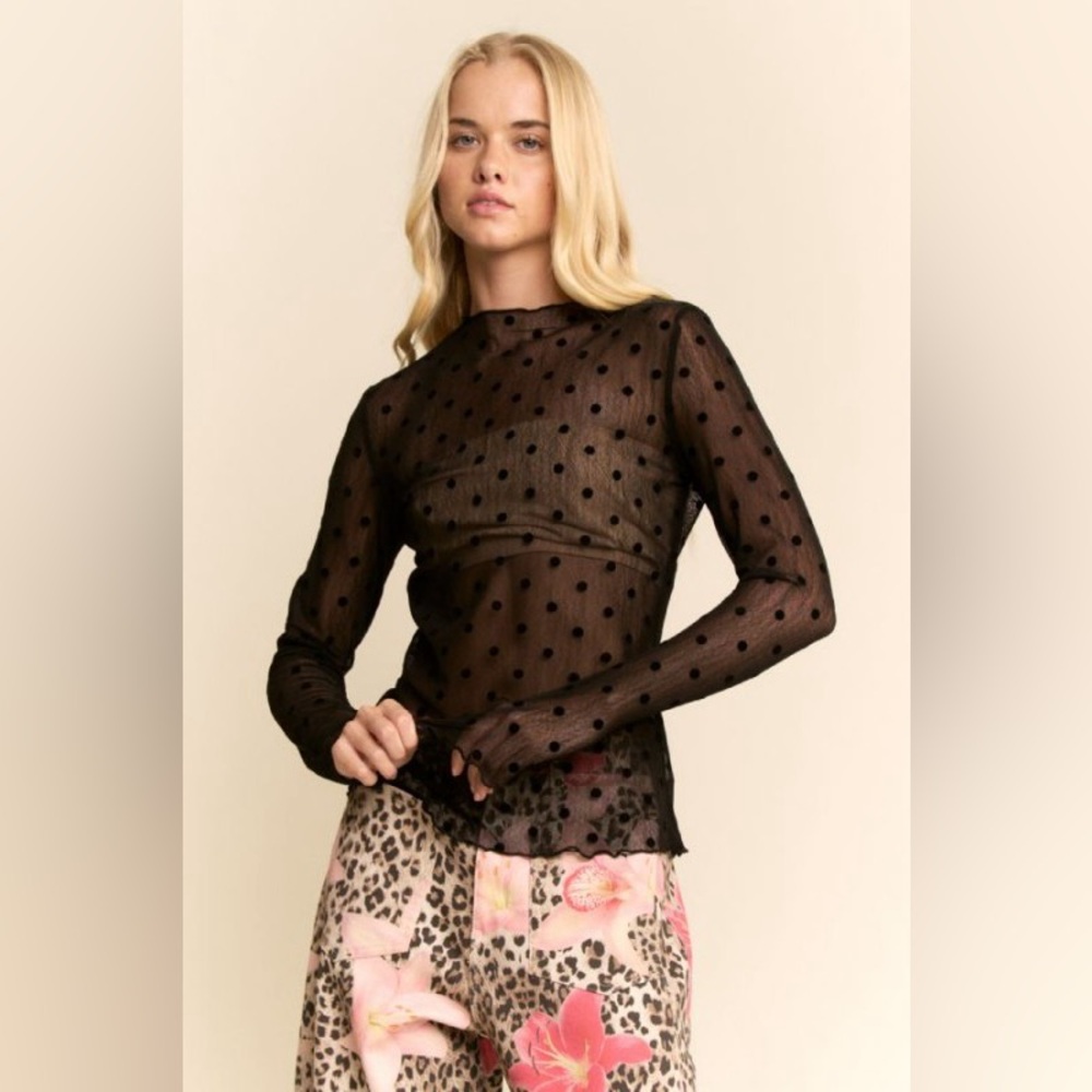 🟠418B-BLACK. Polka Dot Mesh Sheer Top